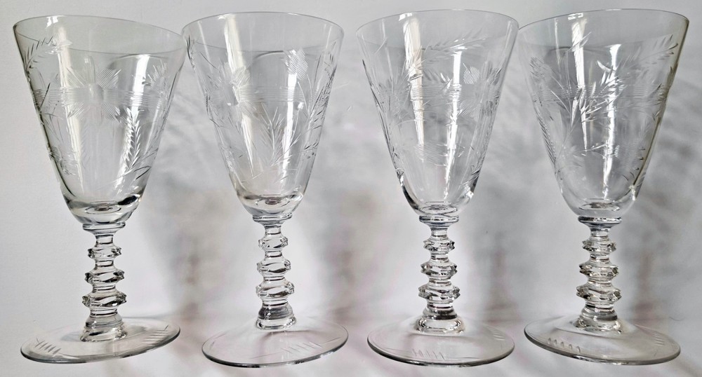 VTG Crystal Etched Set 4 Wheat Pattern Maryland Goblet Stem 3139 Cambridge Wine