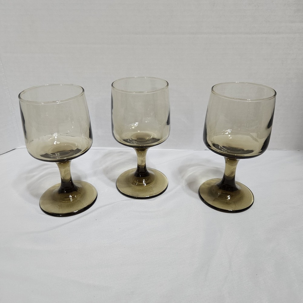 3 Vintage Libbey Tawny Accent Brown Smoked Wine Glasses 1970s Libby 6oz
