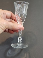 Set of 7 Gray Cut Etched Floral Crystal Cordial Glasses Ornate Cut Stem 5″
