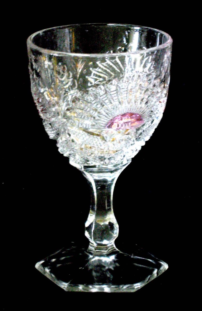 EAPG antique GOBLET US Glass 15110 SUNSHINE Rising Sun cranberry stain 1908