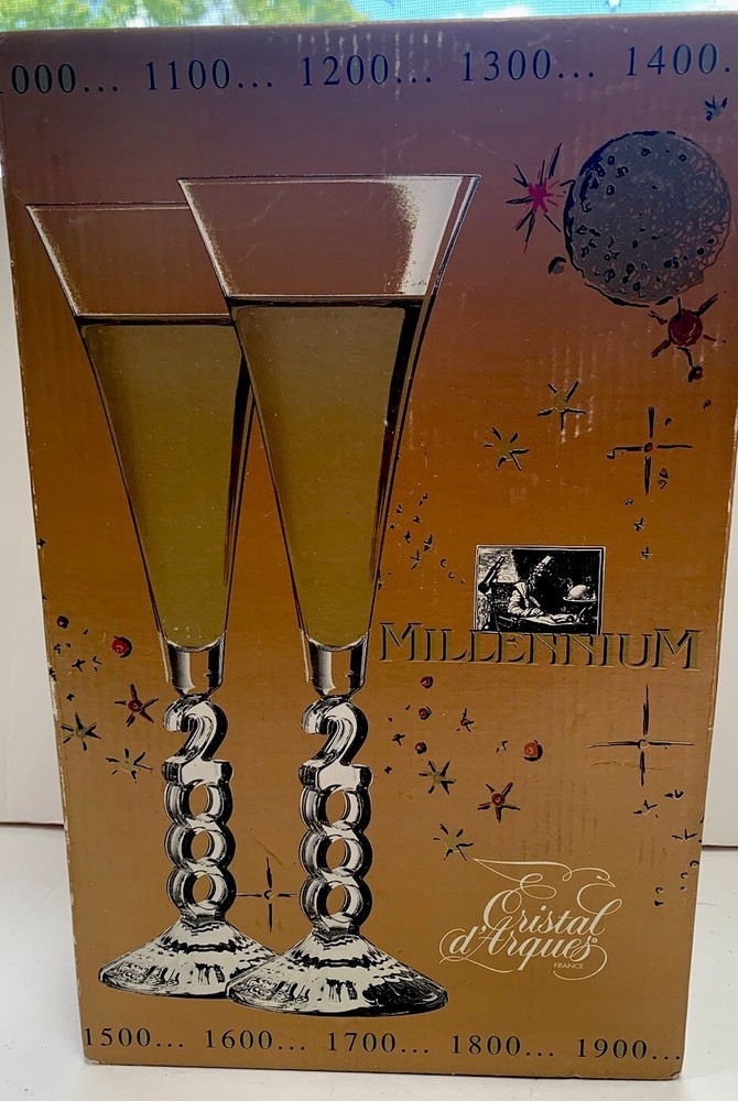 Cristal D’ Arques France Champagne Millennium 2000 Lead Crystal Glasses New Y2K