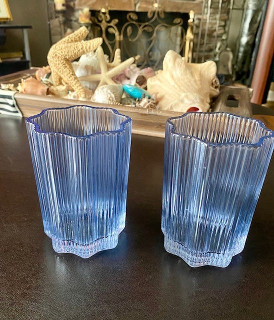 Glass Hause Ribbed Glass Tumblers Blue, mint condition 2 each