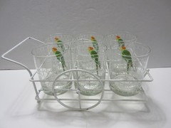 Vtg Cera Signed MCM Caged Green Parrot Double Old Fashion Glass Set of 6 & Caddy