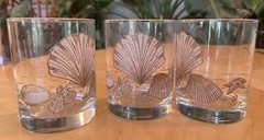 3 Double Old Fashioned Lowball Whiskey Glasses Embossed Gold Seashell Starfish