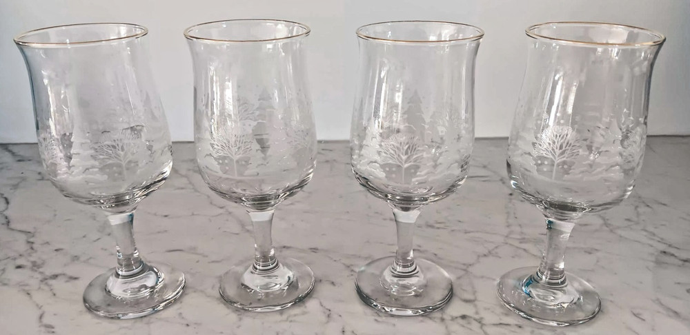 NEW 4 Crystal Water Glasses/Goblets w/ Snowy Winter Scene & Gold Rim Christmas