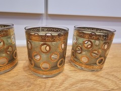Vintage Mid Century 6 Culver Polka Dot Green Gold Embossed Low Ball Glasses Rare