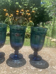 Vintage Set Of 6 Libbey Duratuff Dusky Blue Ice Tea Wine Glasses Goblets