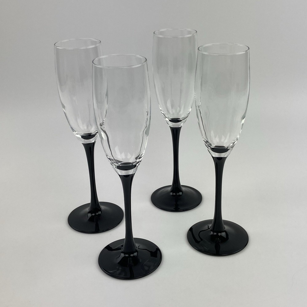 Vintage Black Stem Champagne Flute Wine Glasses Set of 4 Luminarc France