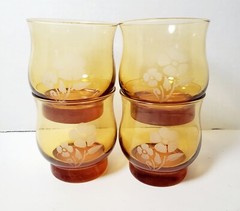 Set of 4 Vintage LIBBY Amber Tumbler Juice Glasses Etched Poppy Stackable RARE