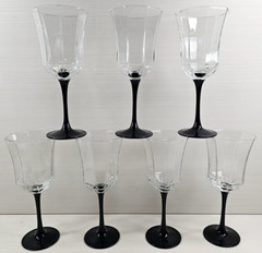 7) Luminarc Octime Black Water Goblets Set Elegant Octagonal Stemware France Lot