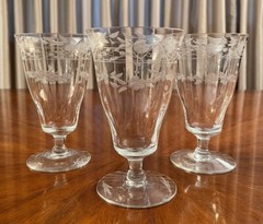 Vintage Optic Etched Floral 5 1/4” H Footed Wine Glasses Set Of 3