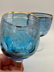2 Vintage Bartlett Collins Vining Blue Glass Goblets Thumb Print Gold Trim