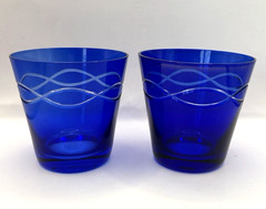 Set of 2 Bohemian Cobalt Cut to Clear Glass Whiskey Rocks Tumblers, Wave Pattern