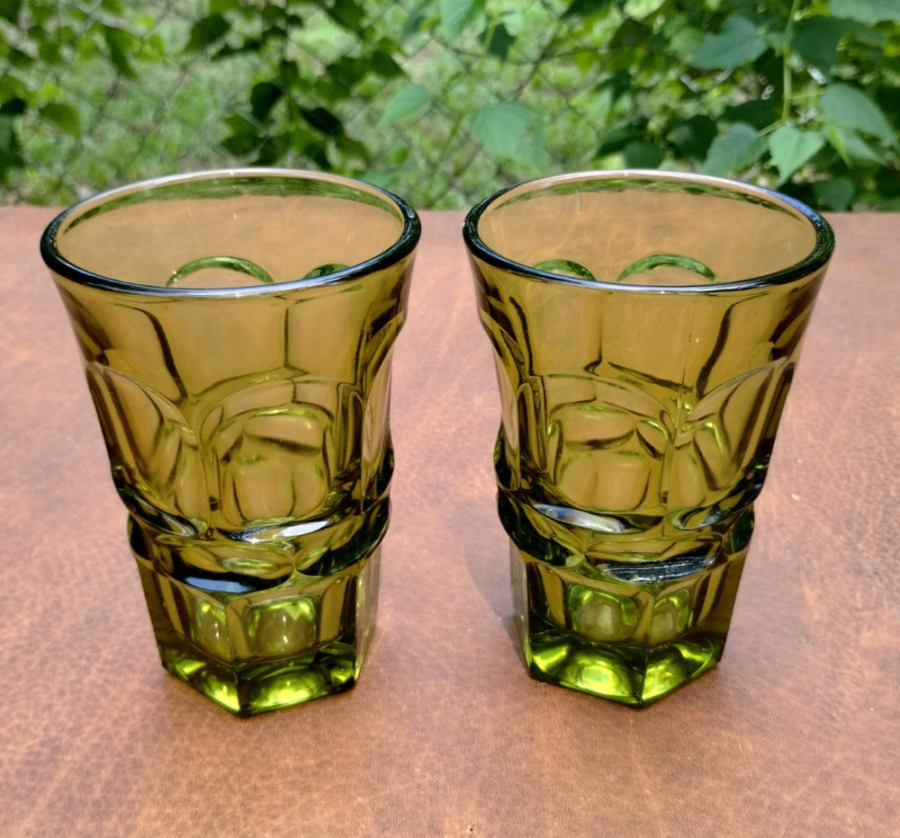 Fostoria Argus Tumblers Avocado Green Henry Ford Museum Set of (2) 5 1/4″ Tall