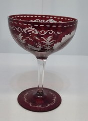 Bohemian Czech Deer Etched 5.25″ Ruby Red Wine Coupe Glass Cut To Clear Vintage