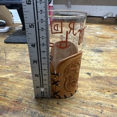 (8) 8oz Highball Glasses Leather Holder Western Cowboy Ranch Brand ML Leddy