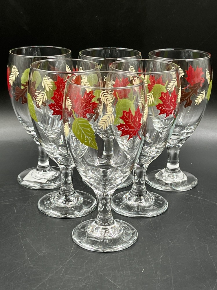 Set of 6 Vtg Libbey Autumn Fall Leaves Iced Tea Goblet Glasses 16oz Thanksgiving