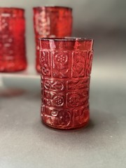 4 Bryce Hand Blown Glasses Red Flower #1325 Barware 1960s MCM UV GLOW