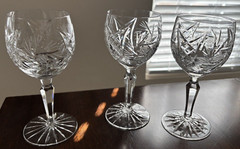 Three Water Goblets Juliette by American Cut. Cut bowl and multi sided stem