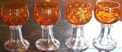 Set 4 Hand Blown ORANGE OPTIC COIN DOT GLASS Water Goblets EMPOLI ITALY 1960s