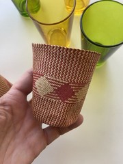 Yellow Green Set 4 Juice Cocktail Glasses Vintage Woven Boho Coaster Sleeves