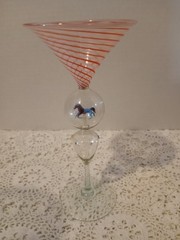 1930’s BIMINI BLOWN SWIRL ART GLASS GOBLET WITH BUBBLE ANIMAL HORSE STEM 7″H