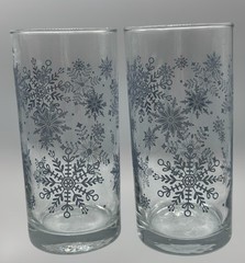 Set of 2 Clear w/ Gray Snowflakes Tall Drinking Glasses Tumblers Size 16 Oz