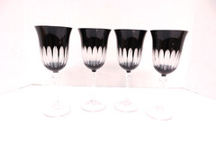 SET 4 BOHEMIAN CZECH CUT TO CLEAR CRYSTAL WATER WINE GLASSES GOBLETS ONYX BLACK