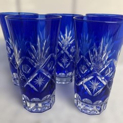 Edo Kiriko Blue Glass Set of 5 Cut Decor Small Size Traditional Style