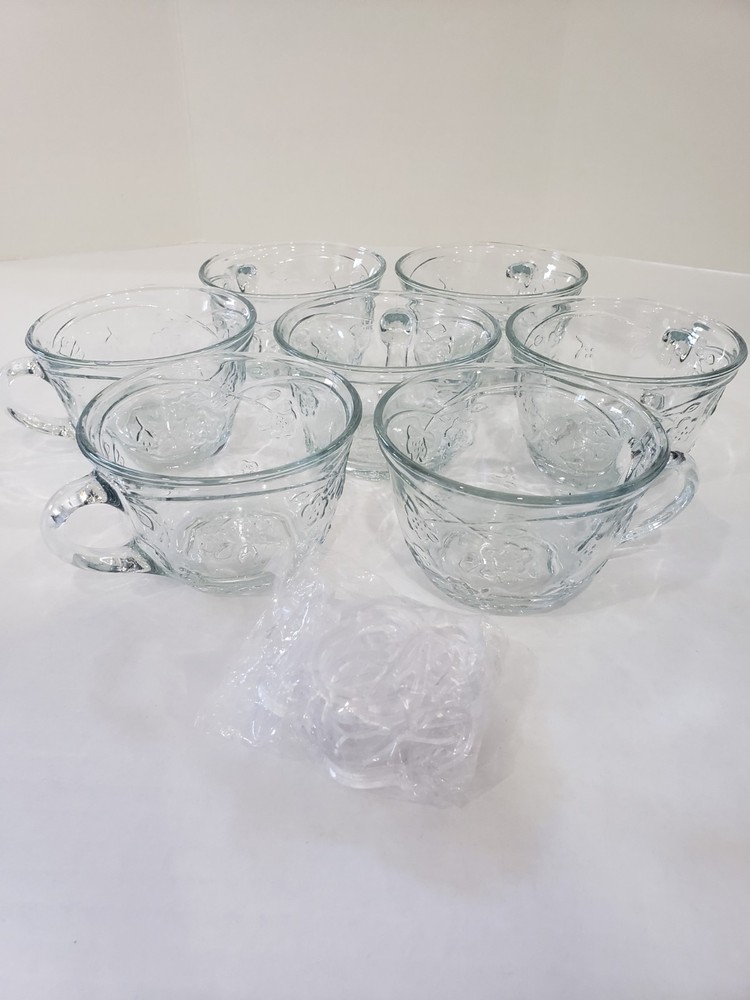 VTG 70s Anchor Hocking Savannah Clear Coffee Tea Punch Cups Floral Glass W Hooks