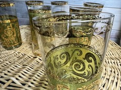 Vtg Culver MCM Baroque High Ball Tumblers 22K Gold 7 Scroll Olive Green