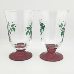 Set 4 Vintage GORHAM Red Footed Festive Holly Goblets All Purpose Water Glasses