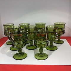 Set of nine Vintage Indiana glass Green kings crown cordial juice Glasses READ