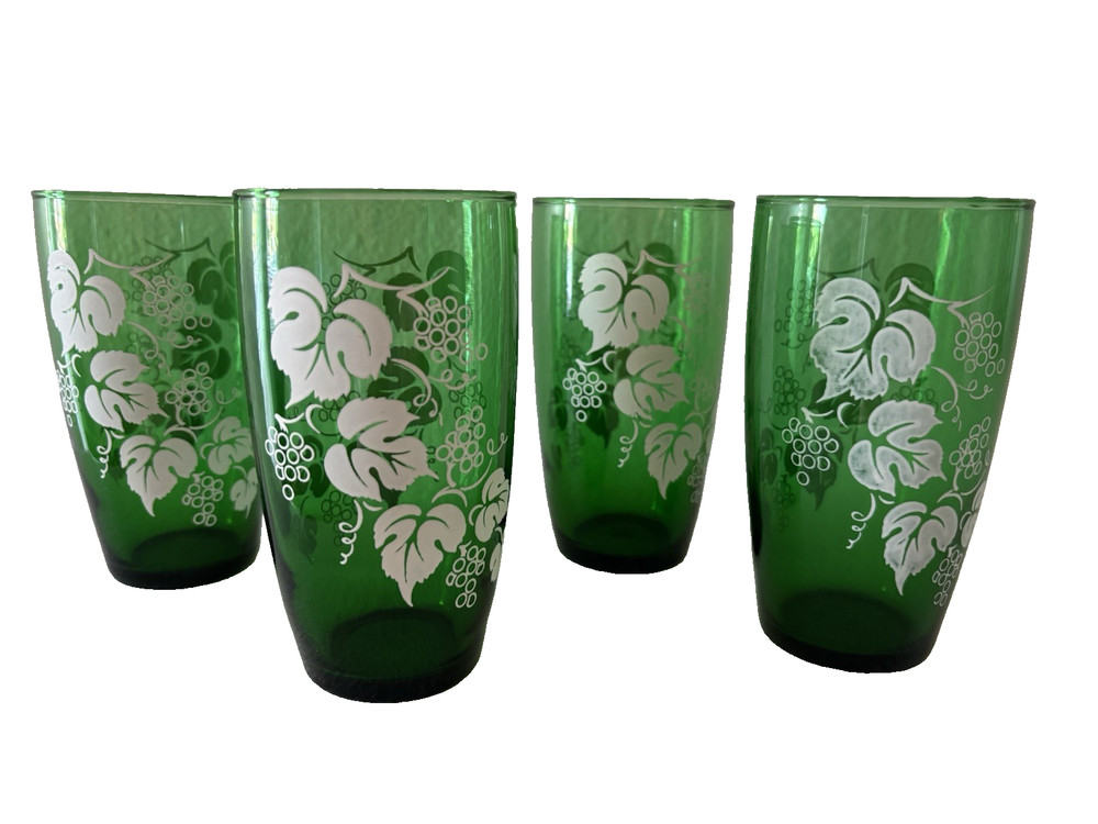 SET Of 4 Vintage Anchor Hocking Green 12 0z. Drinking Glasses White Grape Leaf