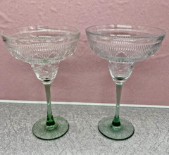 TWO Cristal D’Arques-Durand Sombrero Pattern Margarita Glasses Green Stem