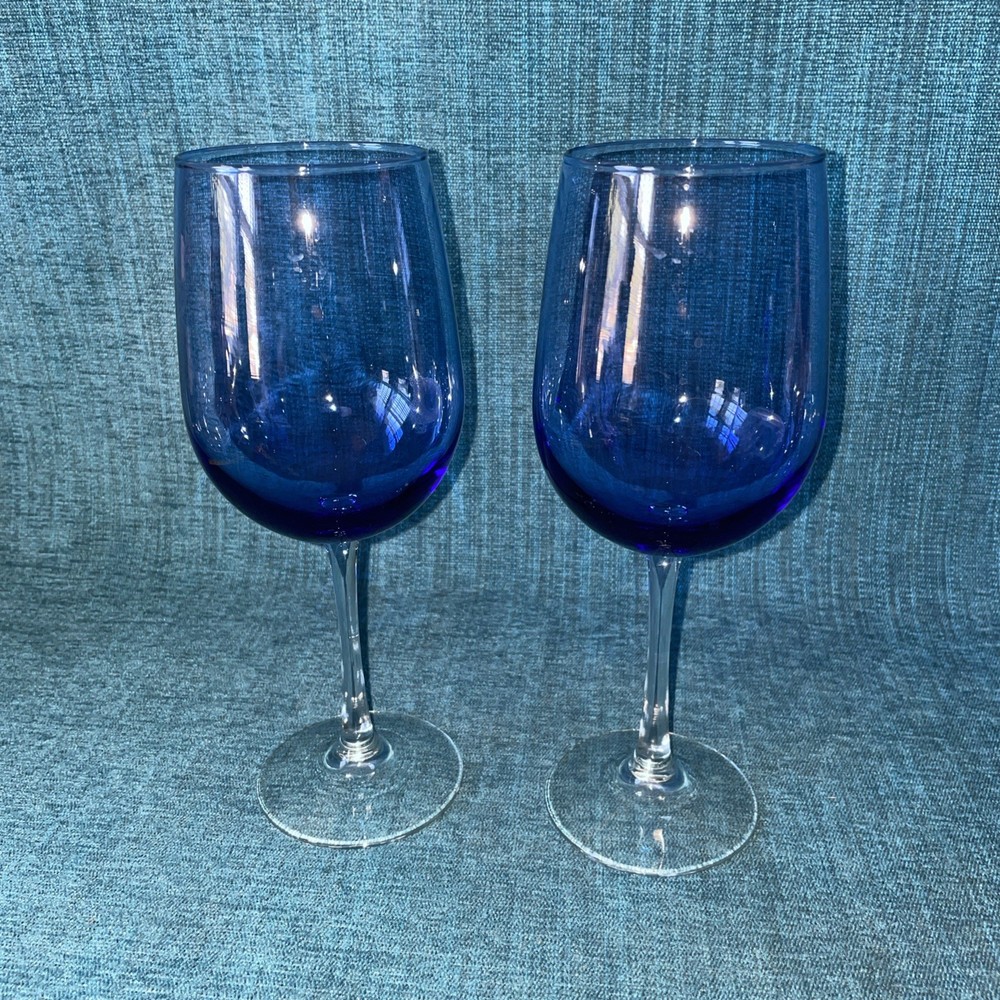 Set of 2 Libbey Cobalt Blue Tall Wine Glasses 9.25