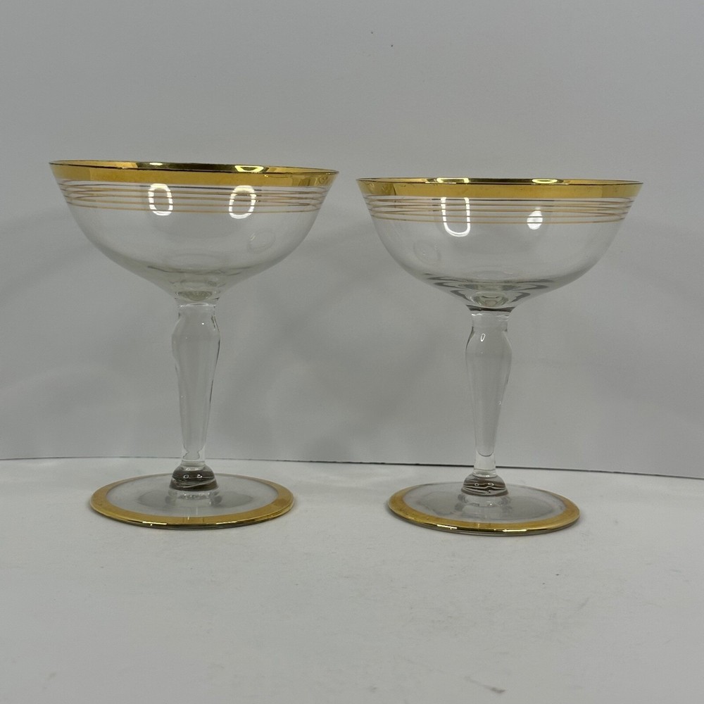 Glastonbury Lotus 75-1 Gold Striped Glass Champagne Glasses Pair of Vintage