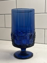 Vintage LE Smith Glass Cobalt Blue Wicker Basket Footed Tumbler Glass