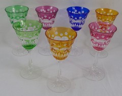 Vintage Lot of 7 Crystal Cut White Wine Glasses Multi-Color 7.5″ Tall