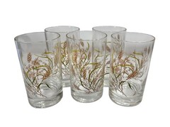 Set of 5 Vintage Wheat & Grass Tumblers – Retro Mid-Century Glasses