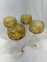 Nachtmann «Traube» Amber/Yellow Cut to Clear Crystal Hock Wine Glasses 4 *READ*