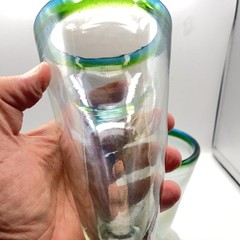 Three Hand Blown Stemware V-Shaped Glasses All Iridescent Green & Blue Band