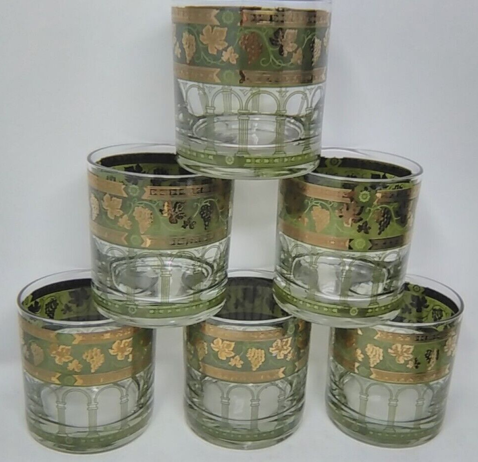 6 CERA GOLDEN GRAPES GREEN DRINKING GLASSES 12oz flat tumbler 4.5″ vintage