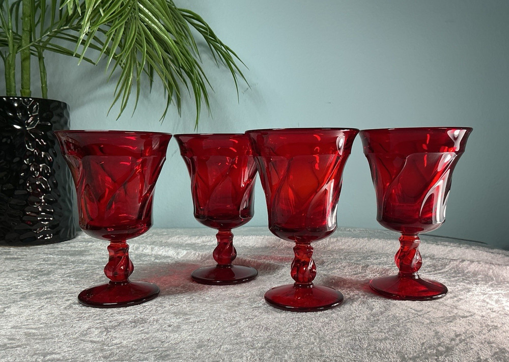 Vintage 4 Fostoria Jamestown Heavy Ruby Red Claret Wine Water Goblets Twist Stem