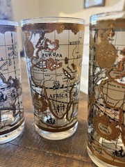 4 Cera 22k Gold Highball Glasses Set MCM WORLD ATLAS maps Vintage Olde World EX.