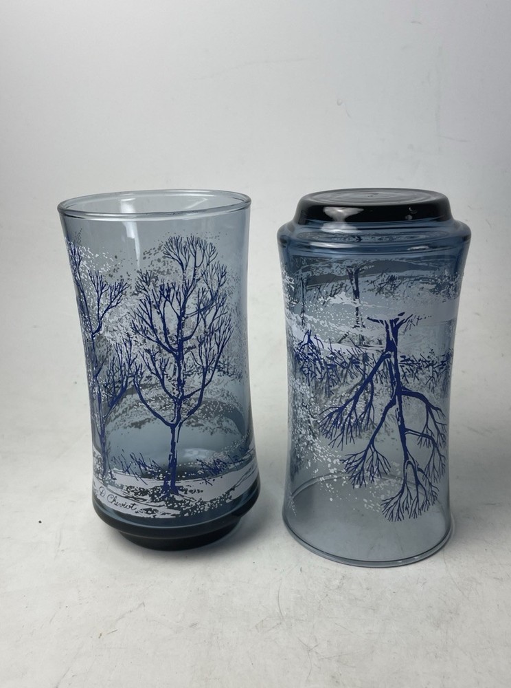 VTG Pair Libbey Glass Water Glasses Blue, White 12oz Winter Snow Scene D Cheviot