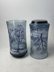 VTG Pair Libbey Glass Water Glasses Blue, White 12oz Winter Snow Scene D Cheviot