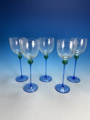 5 pc Post-Modern Bi-Colored Green Blue Crackle Glass Stemware Wine Goblets Czech
