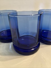 3 VTG Anchor Hocking Low Ball Glasses Cobalt Blue Essex Paneled Tumbler Set