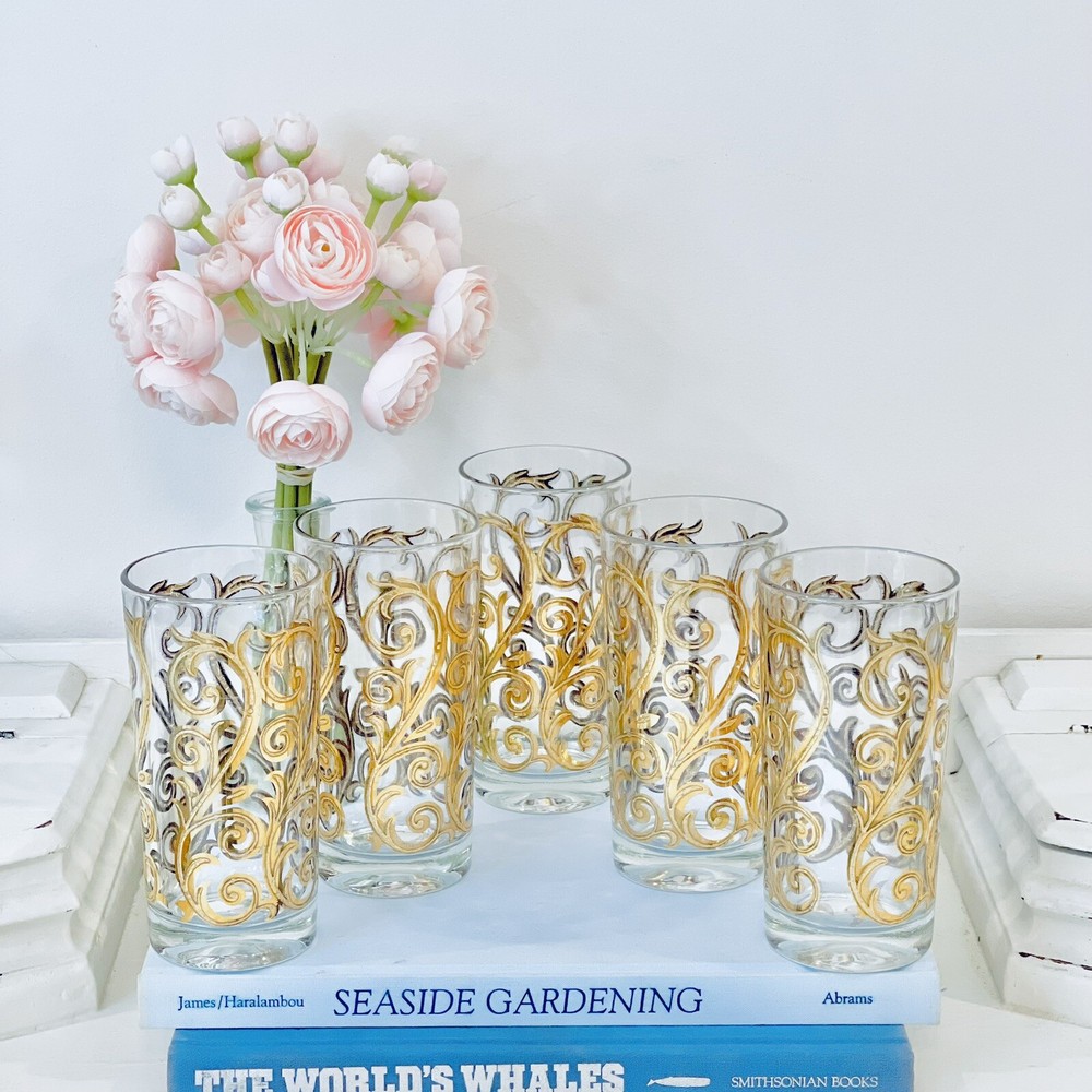 Vtg Culver Iberia Baroque Scroll Tumblers 22K Gold Mid Century 5.5” Set Of 5 MCM